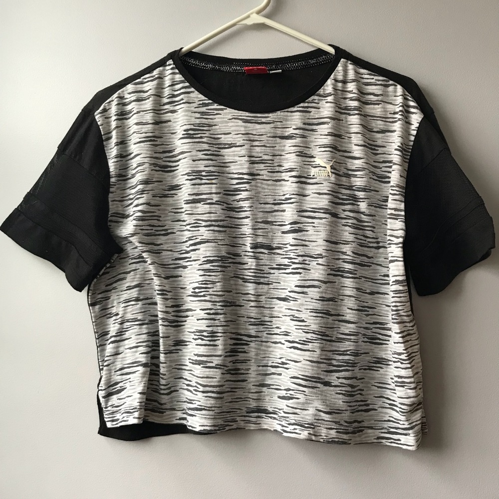 Puma athleisure fun print mesh sleeve crop top